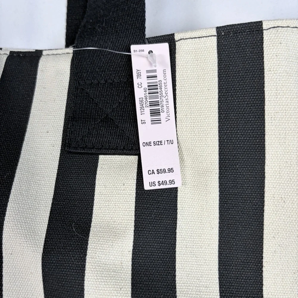 NWT VICTORIA'S SECRET BLACK IVORY STRIPE LOGO ZIPPER TOTE BAG Chic Paris ArtDeco